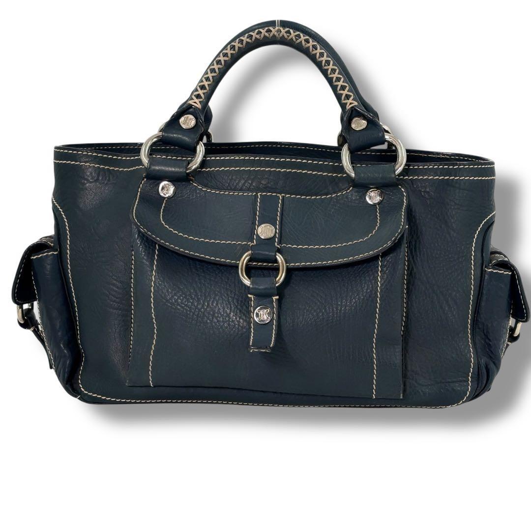 CELINE Hand Bag Tote Purse Boogie Leather Navy Authentic