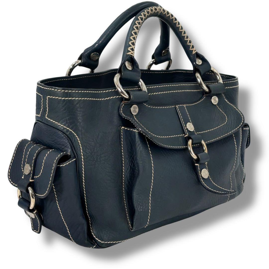 CELINE Hand Bag Tote Purse Boogie Leather Navy Authentic