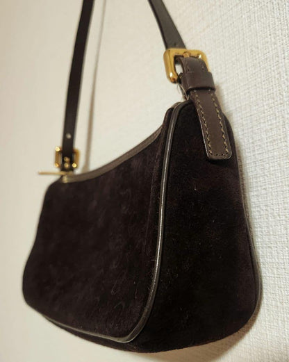 CELINE Accessory Pouch Shoulder Bag Purse C Macadam Suede Leather Dark Brown