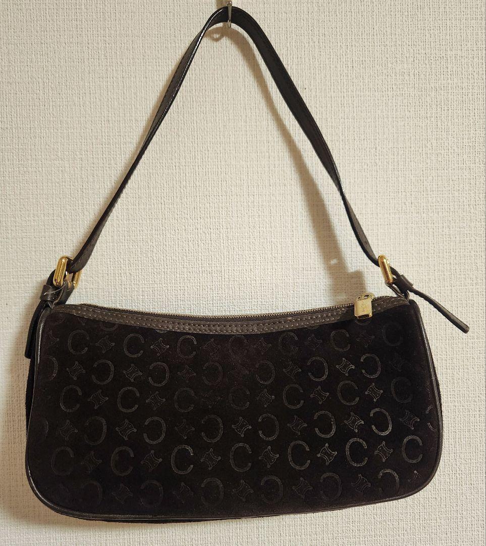 CELINE Accessory Pouch Shoulder Bag Purse C Macadam Suede Leather Dark Brown