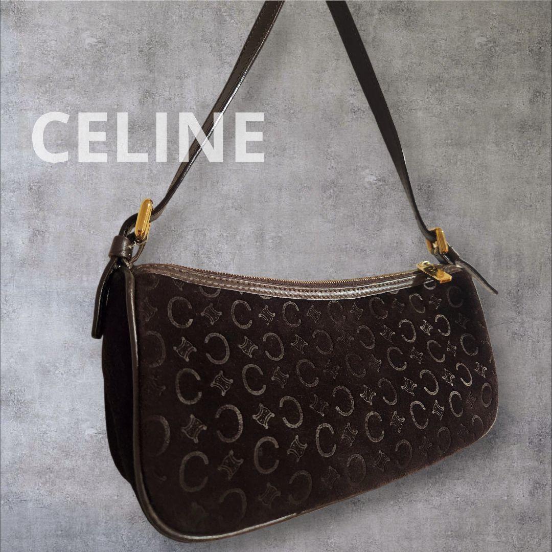CELINE Accessory Pouch Shoulder Bag Purse C Macadam Suede Leather Dark Brown