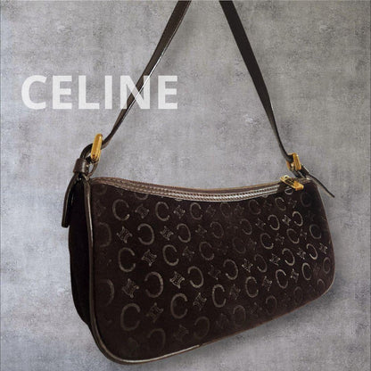 CELINE Accessory Pouch Shoulder Bag Purse C Macadam Suede Leather Dark Brown