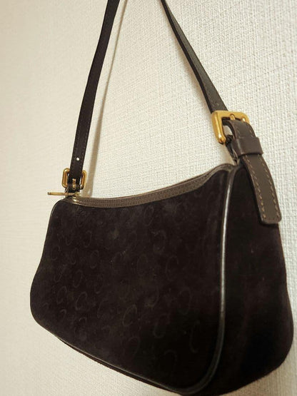 CELINE Accessory Pouch Shoulder Bag Purse C Macadam Suede Leather Dark Brown