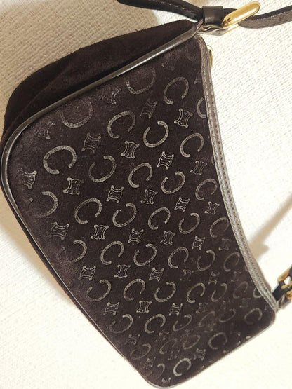 CELINE Accessory Pouch Shoulder Bag Purse C Macadam Suede Leather Dark Brown