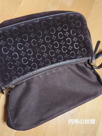 CELINE Accessory Pouch Shoulder Bag Purse C Macadam Suede Leather Dark Brown