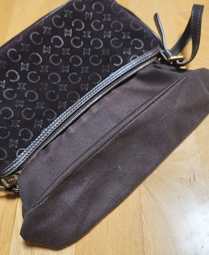CELINE Accessory Pouch Shoulder Bag Purse C Macadam Suede Leather Dark Brown