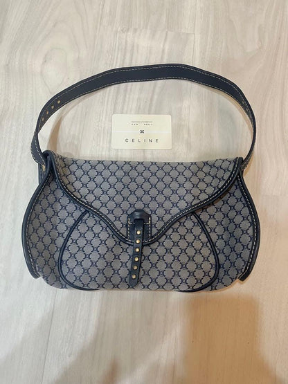 CELINE Hand Shoulder Bag Tote Purse Macadam Navy White Authentic