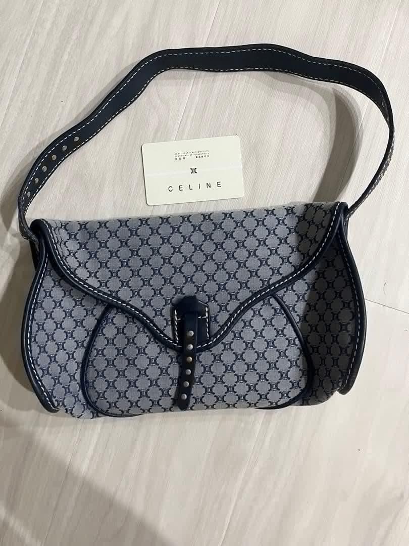 CELINE Hand Shoulder Bag Tote Purse Macadam Navy White Authentic