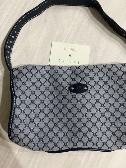 CELINE Hand Shoulder Bag Tote Purse Macadam Navy White Authentic