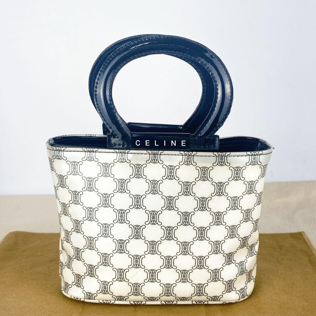 CELINE Hand Bag Tote Purse Macadam Patent Leather White Authentic