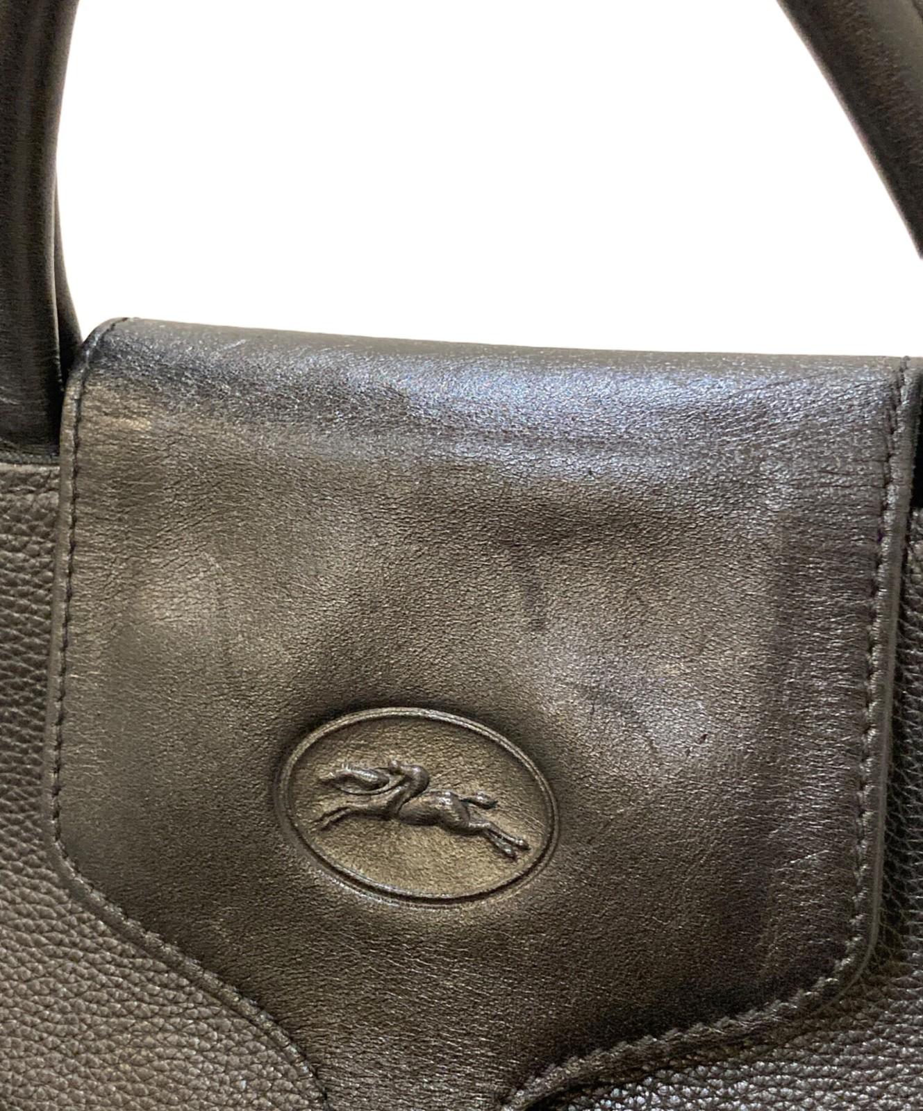 Longchamp Business Bag Briefcase Logo Leather Nylon Black Authentic