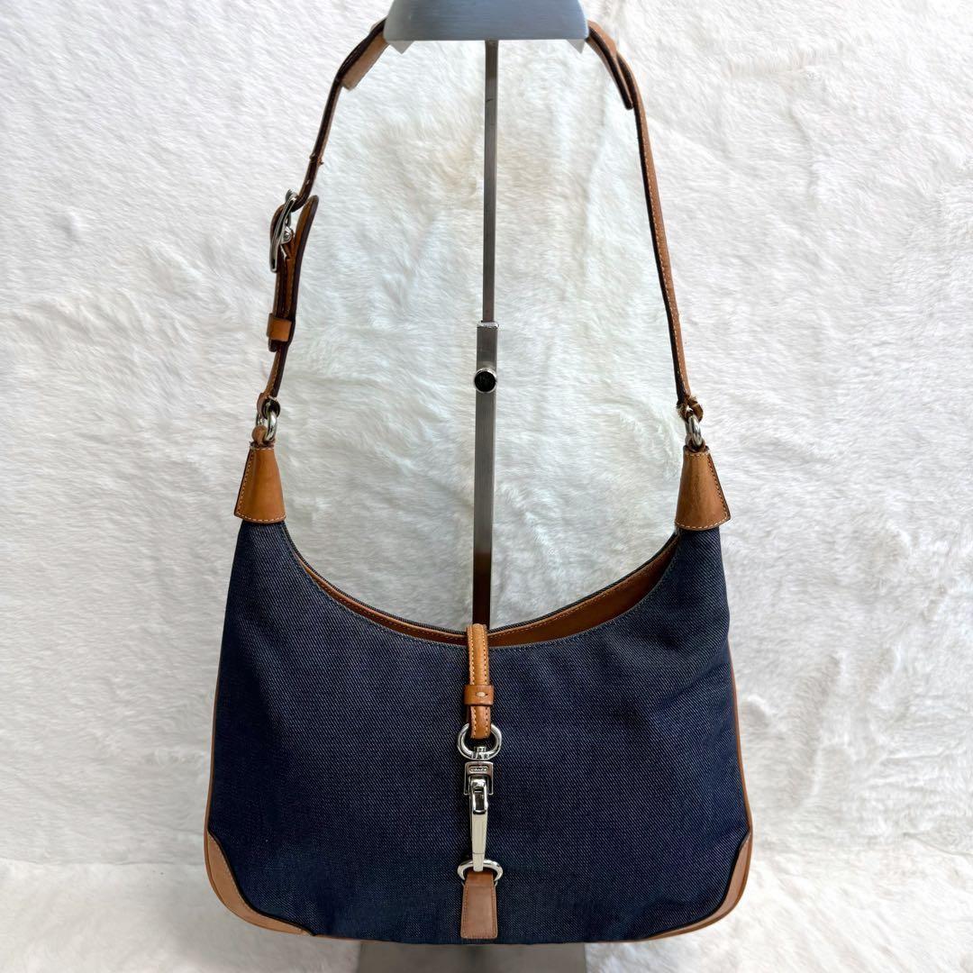 COACH Accessory Pouch Shoulder Bag Purse Denim Leather Blue Brown Authentic