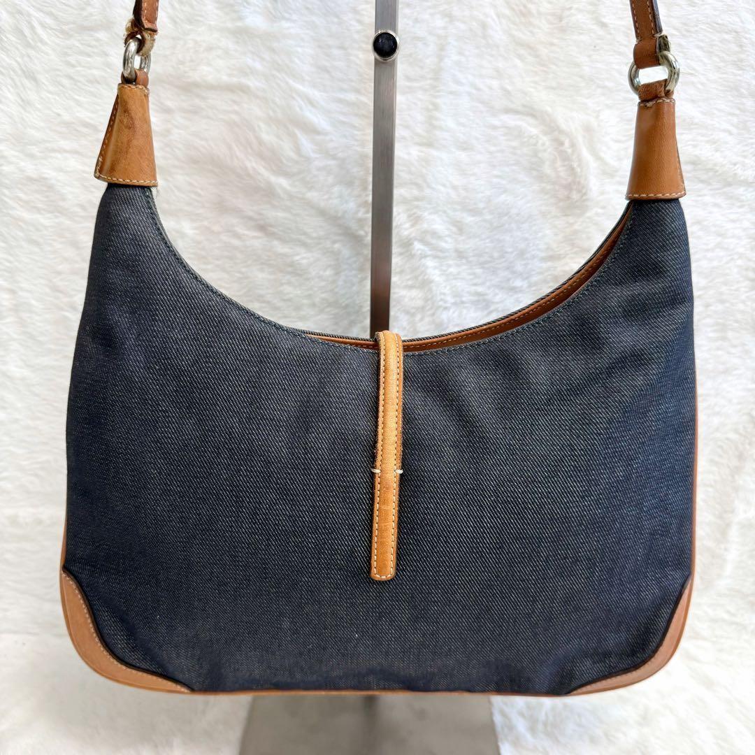 COACH Accessory Pouch Shoulder Bag Purse Denim Leather Blue Brown Authentic