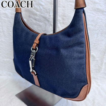 COACH Accessory Pouch Shoulder Bag Purse Denim Leather Blue Brown Authentic