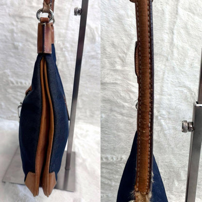 COACH Accessory Pouch Shoulder Bag Purse Denim Leather Blue Brown Authentic