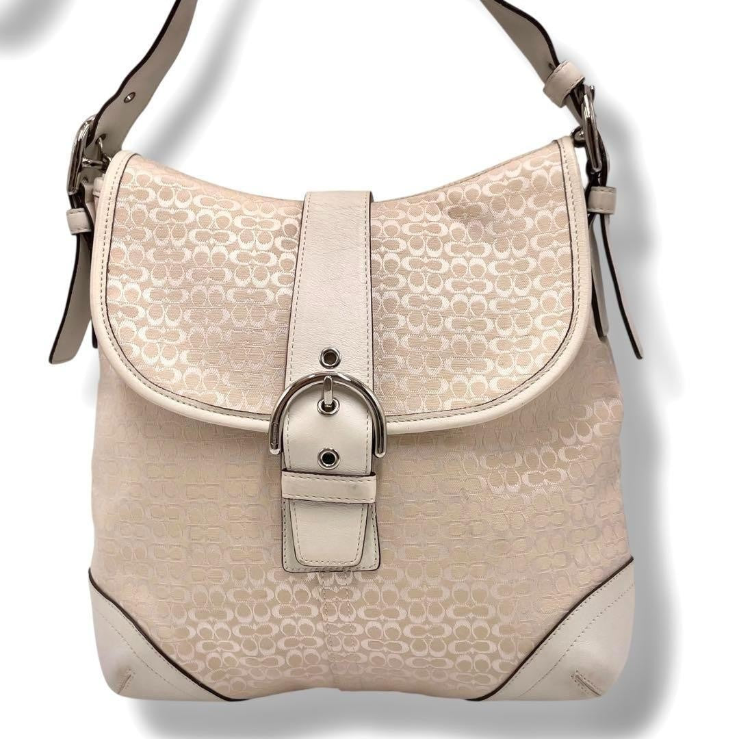 COACH Shoulder Bag Purse Signature Soho White Beige Authentic