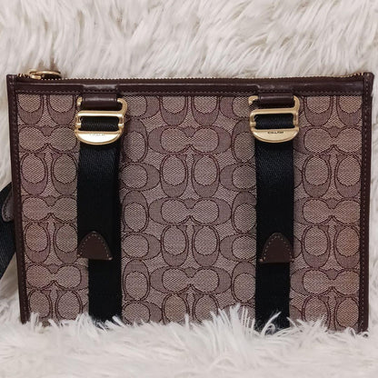 COACH Shoulder Bag Purse Turn Lock Jacquard Leather Brown Authentic