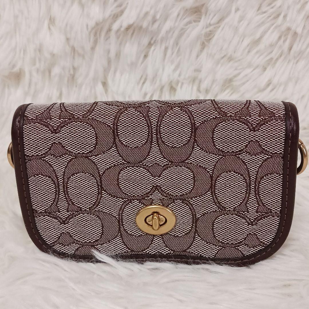 COACH Shoulder Bag Purse Turn Lock Jacquard Leather Brown Authentic