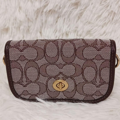 COACH Shoulder Bag Purse Turn Lock Jacquard Leather Brown Authentic