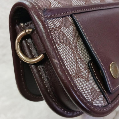 COACH Shoulder Bag Purse Turn Lock Jacquard Leather Brown Authentic