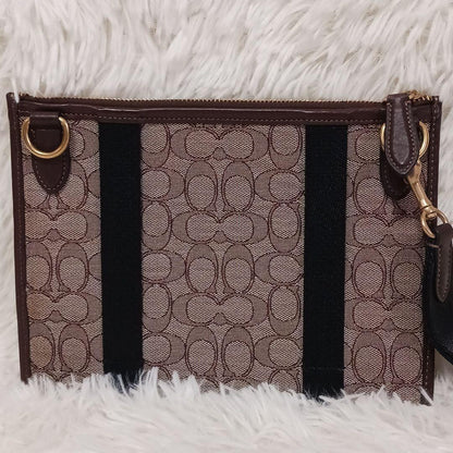 COACH Shoulder Bag Purse Turn Lock Jacquard Leather Brown Authentic
