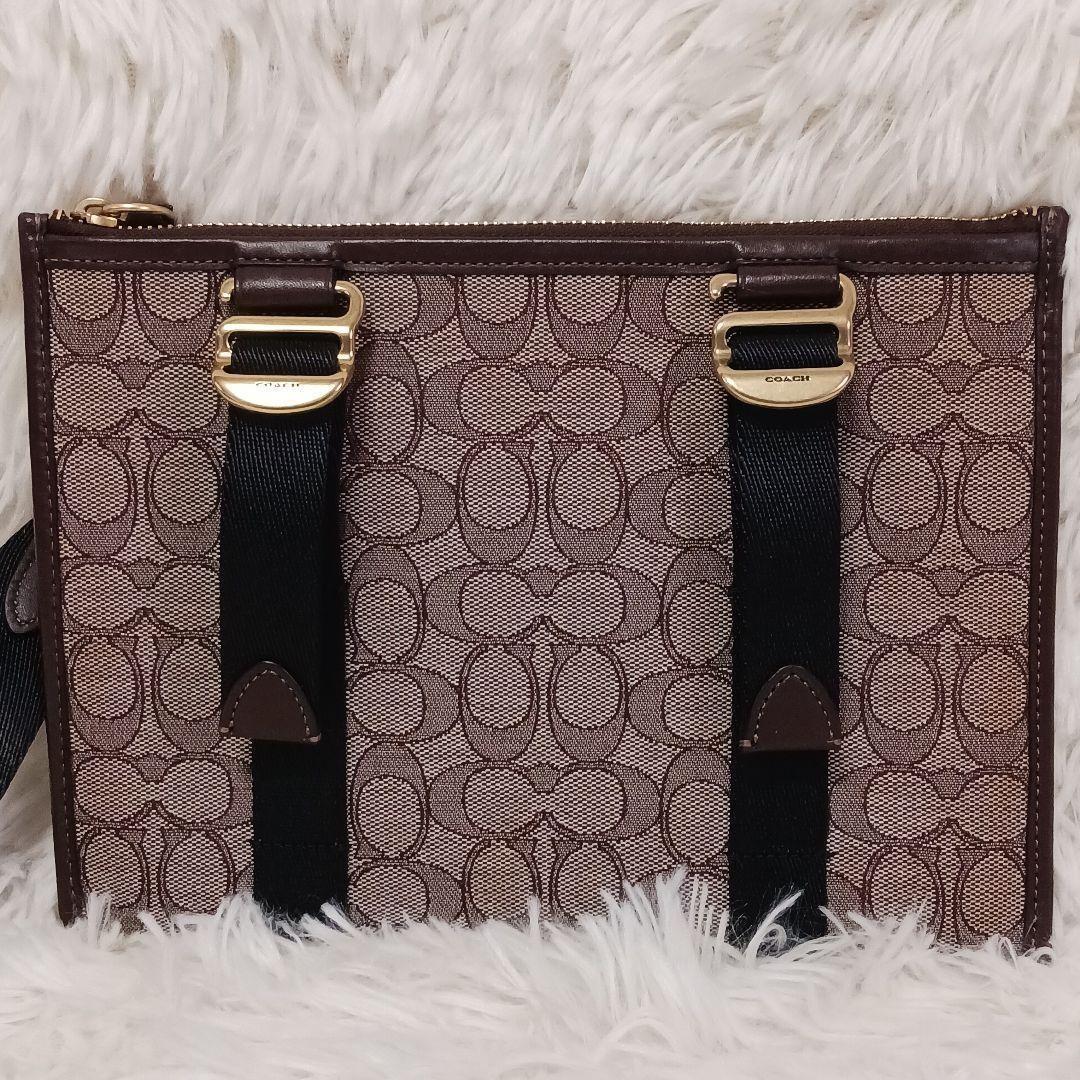 COACH Shoulder Bag Purse Turn Lock Jacquard Leather Brown Authentic