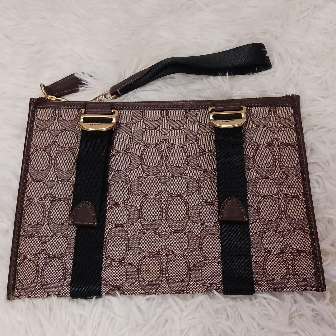 COACH Shoulder Bag Purse Turn Lock Jacquard Leather Brown Authentic