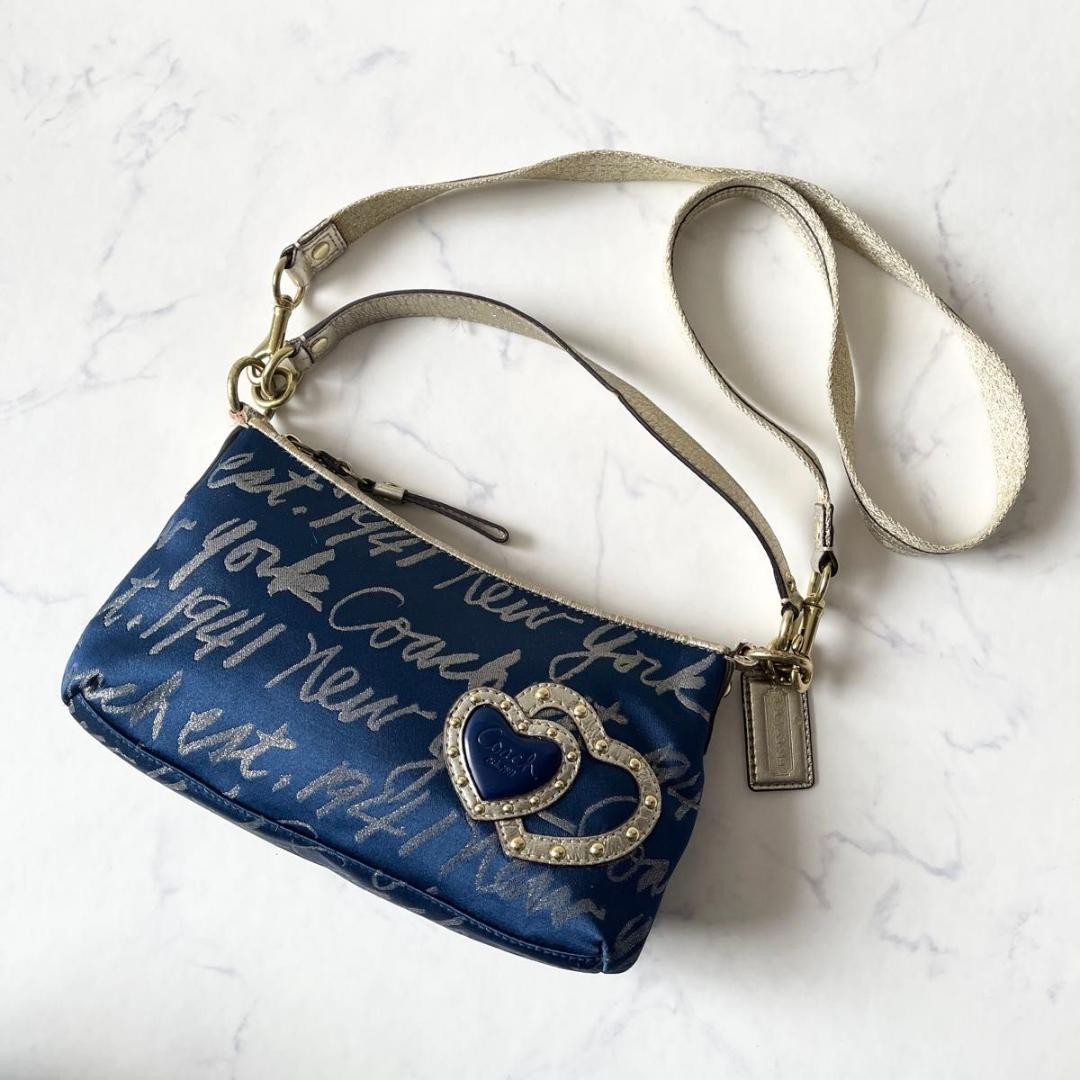 COACH Shoulder Bag Purse Poppy Canvas Leather Blue Gold Authentic