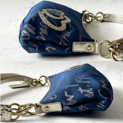 COACH Shoulder Bag Purse Poppy Canvas Leather Blue Gold Authentic