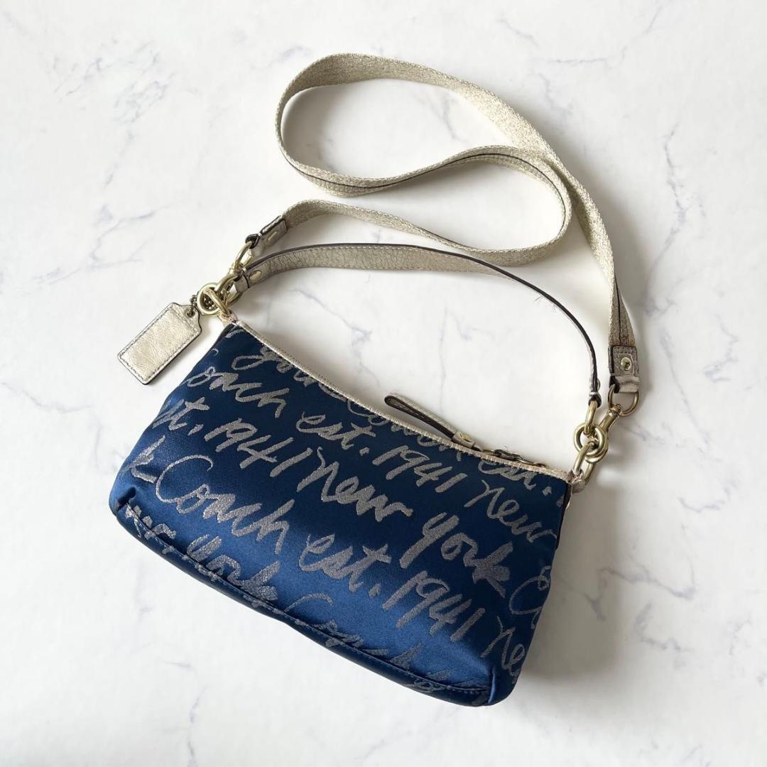 COACH Shoulder Bag Purse Poppy Canvas Leather Blue Gold Authentic