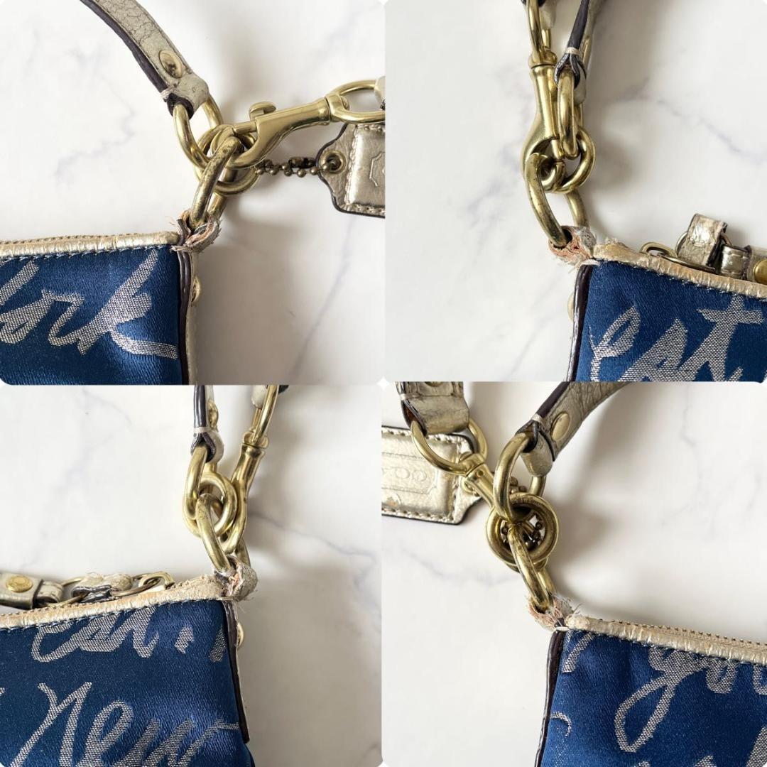 COACH Shoulder Bag Purse Poppy Canvas Leather Blue Gold Authentic