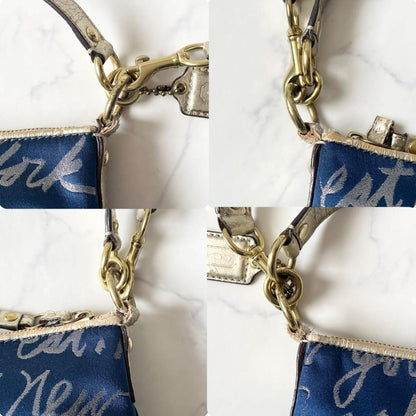 COACH Shoulder Bag Purse Poppy Canvas Leather Blue Gold Authentic