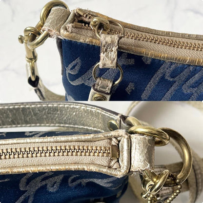 COACH Shoulder Bag Purse Poppy Canvas Leather Blue Gold Authentic