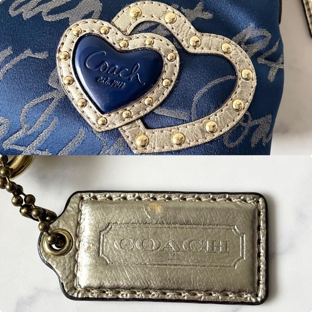 COACH Shoulder Bag Purse Poppy Canvas Leather Blue Gold Authentic