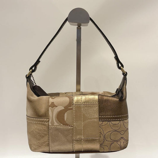 COACH Shoulder Bag Purse Signature Patchwork Leather Suede Jacquard Gold Brown