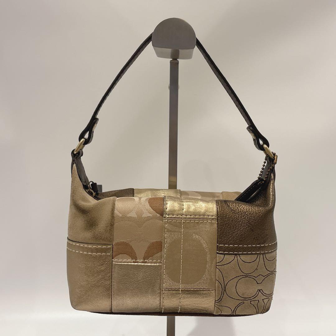 COACH Shoulder Bag Purse Signature Patchwork Leather Suede Jacquard Gold Brown