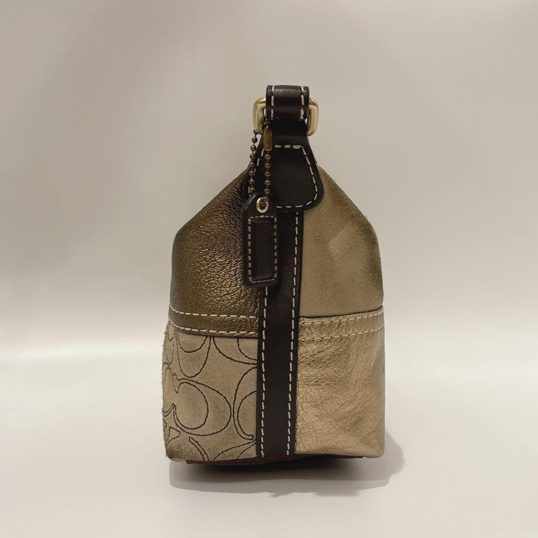 COACH Shoulder Bag Purse Signature Patchwork Leather Suede Jacquard Gold Brown