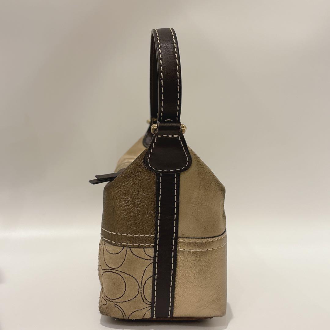 COACH Shoulder Bag Purse Signature Patchwork Leather Suede Jacquard Gold Brown
