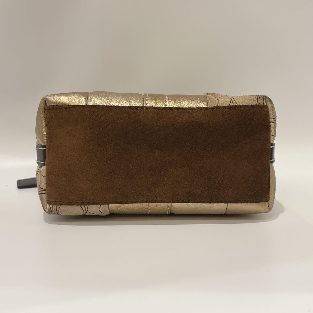 COACH Shoulder Bag Purse Signature Patchwork Leather Suede Jacquard Gold Brown