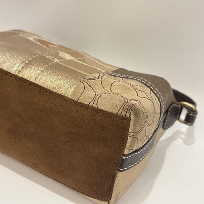 COACH Shoulder Bag Purse Signature Patchwork Leather Suede Jacquard Gold Brown