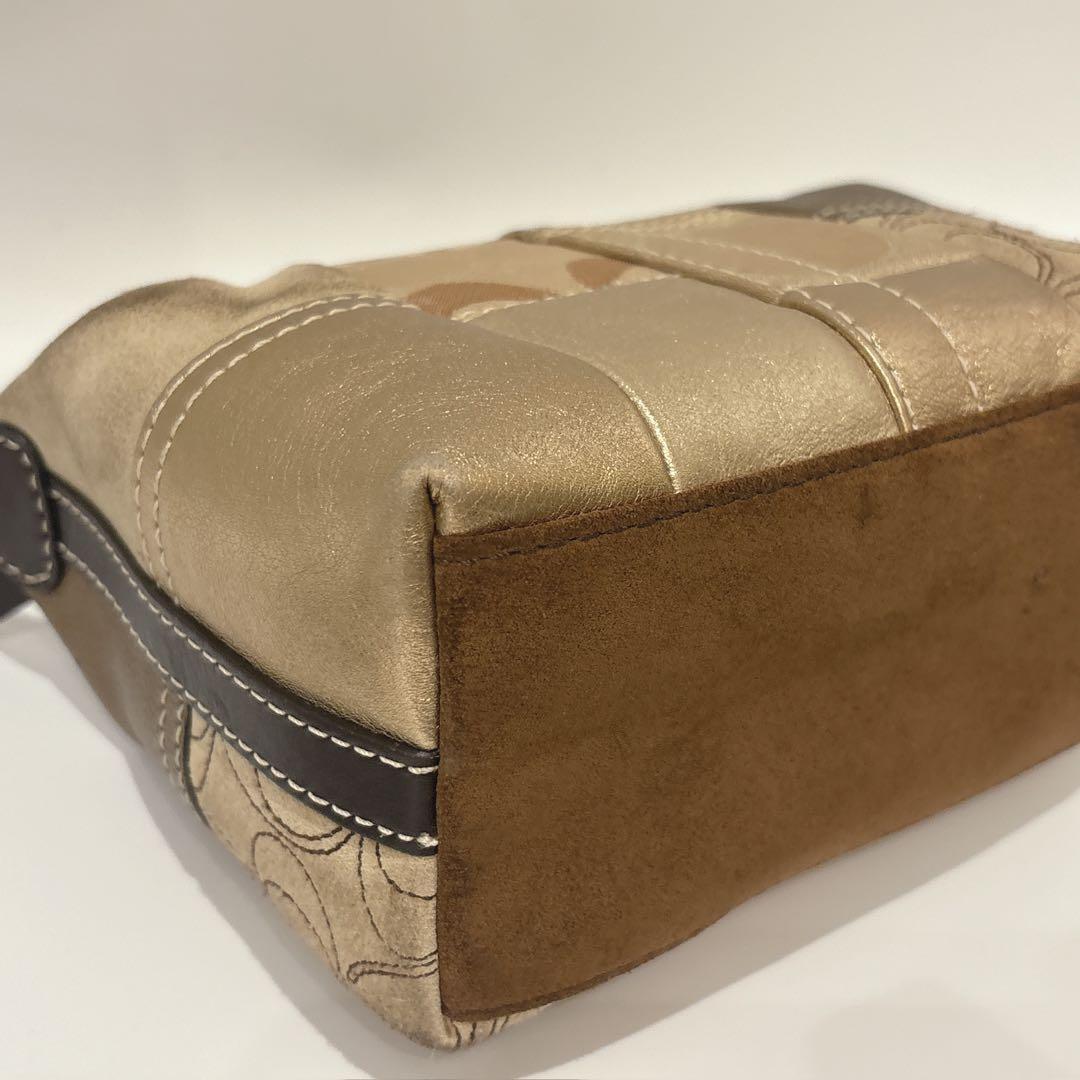 COACH Shoulder Bag Purse Signature Patchwork Leather Suede Jacquard Gold Brown