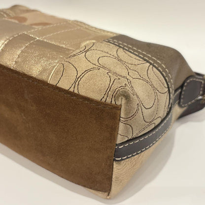 COACH Shoulder Bag Purse Signature Patchwork Leather Suede Jacquard Gold Brown