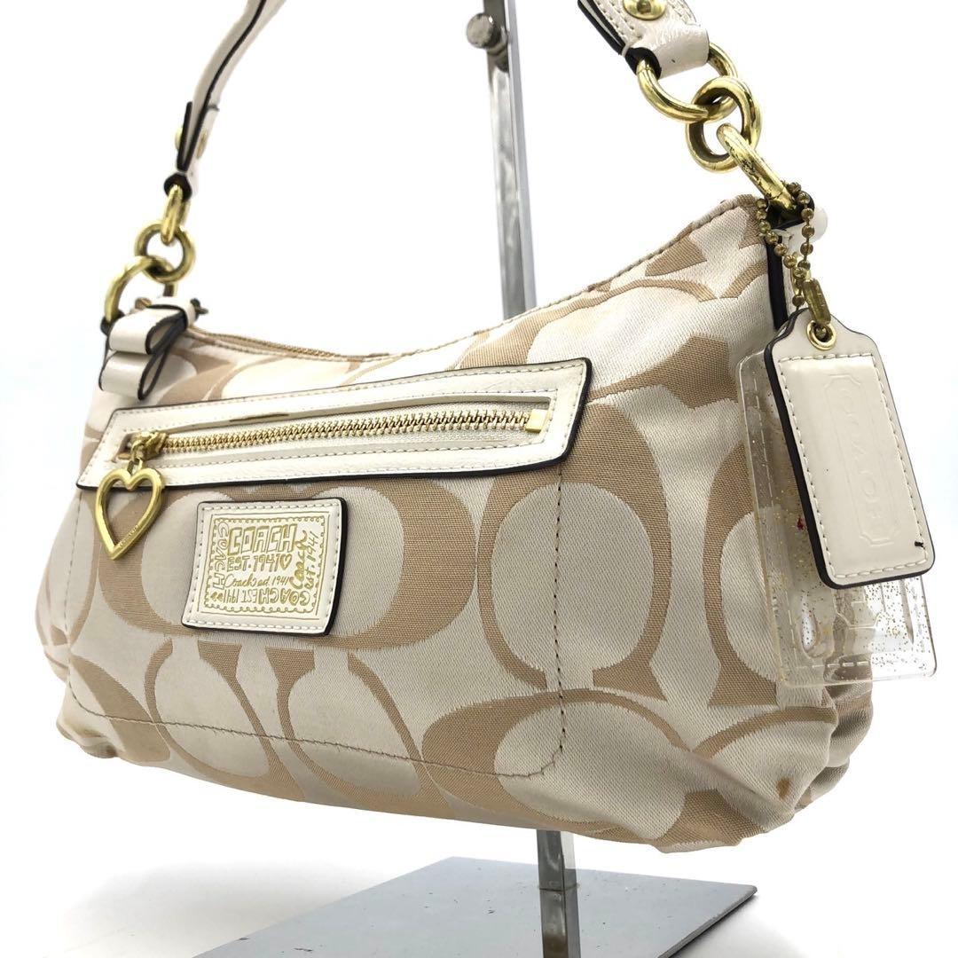 COACH Accessory Pouch Hand Bag Tote Purse Signature Canvas Leather Beige Brown