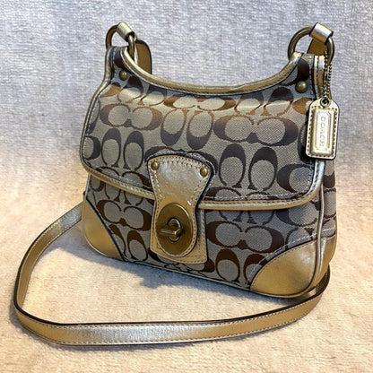 COACH Shoulder Bag Purse Signature Turn Lock Gold Authentic