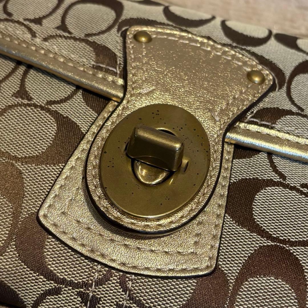 COACH Shoulder Bag Purse Signature Turn Lock Gold Authentic