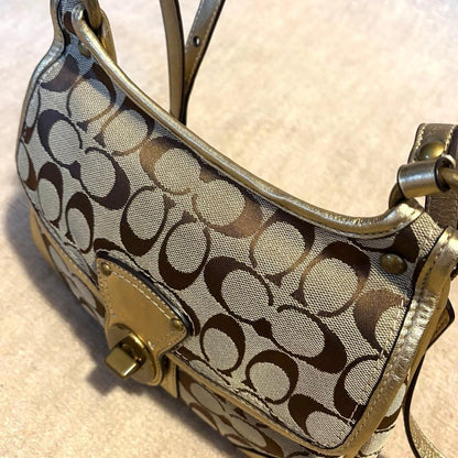 COACH Shoulder Bag Purse Signature Turn Lock Gold Authentic