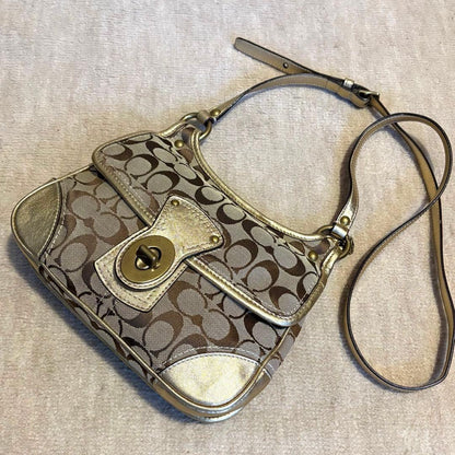 COACH Shoulder Bag Purse Signature Turn Lock Gold Authentic