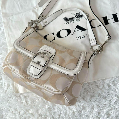 COACH Hand Shoulder Bag Tote Purse 2way Signature Leather Beige White Silver