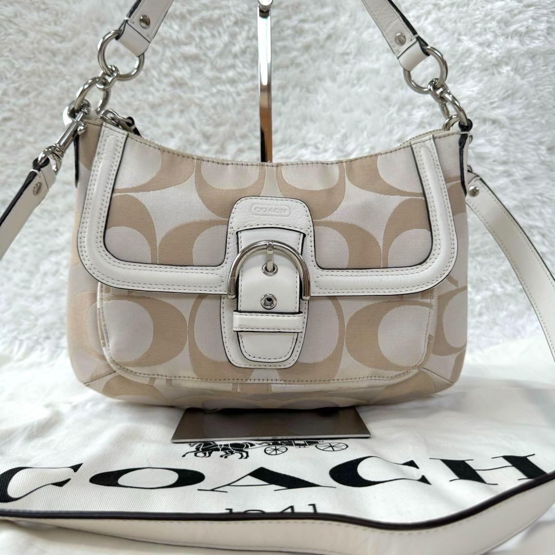 COACH Hand Shoulder Bag Tote Purse 2way Signature Leather Beige White Silver