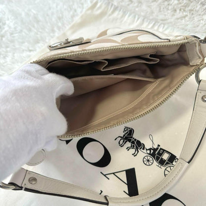 COACH Hand Shoulder Bag Tote Purse 2way Signature Leather Beige White Silver